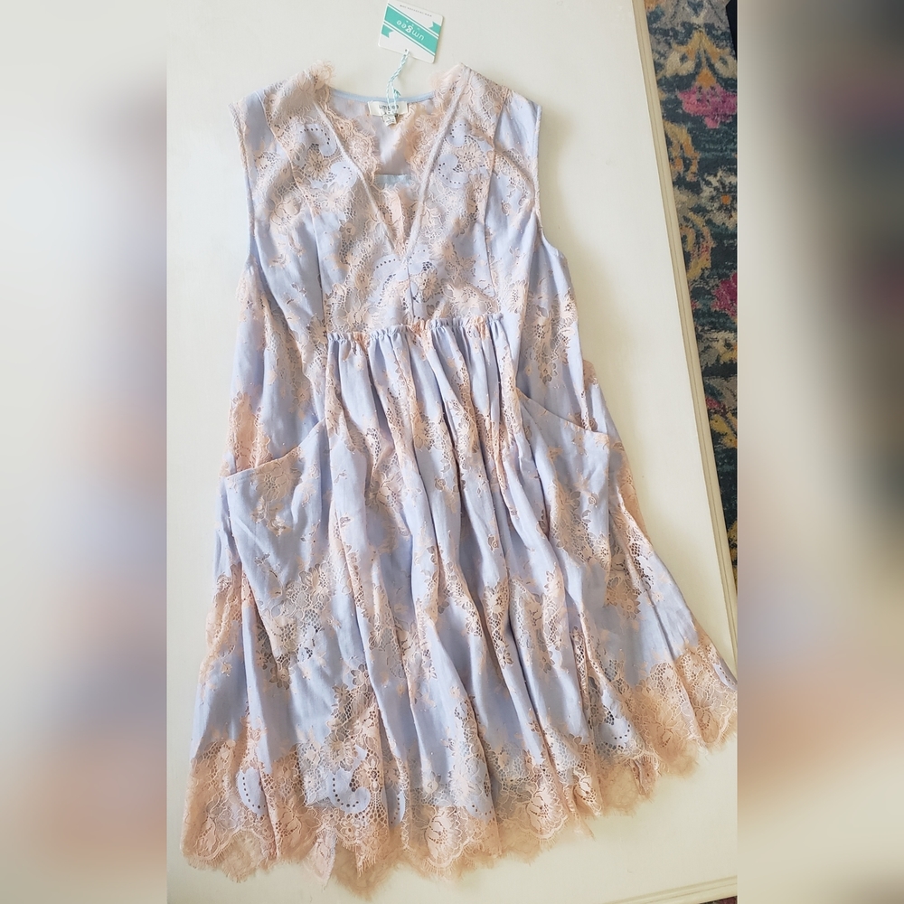 Umgee, Size Large, Light Blue & Tan Lace Dress, NWT